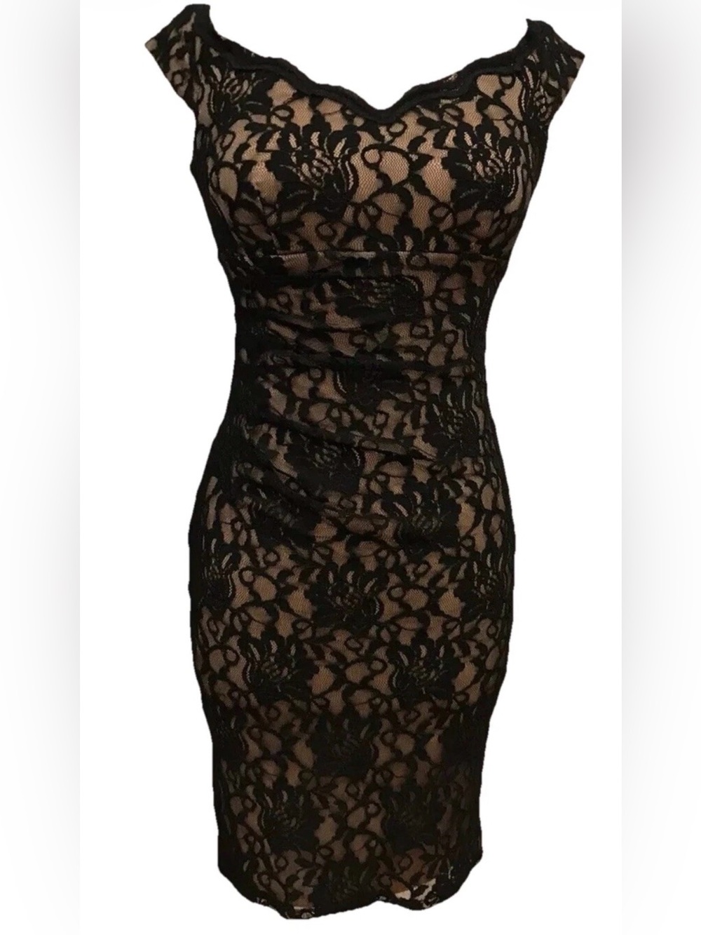Xscape Off-the-Shoulder Black/Nude Lace Midi Ruched Evening Cocktail Dress SZ 2